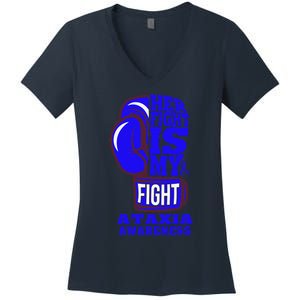 Ataxia Awareness Boxing Her Fight Is My Fight Blue Ribbon Women's V-Neck T-Shirt