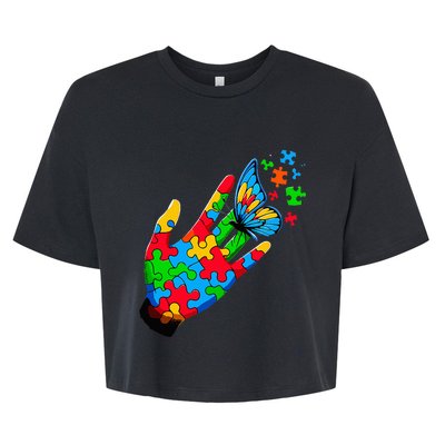 Autism Awareness Butterfly Teacher Bella+Canvas Jersey Crop Tee