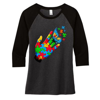 Autism Awareness Butterfly Teacher Women's Tri-Blend 3/4-Sleeve Raglan Shirt