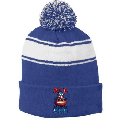 All American Bro Design 4th Of July Football Great Gift Stripe Pom Pom Beanie