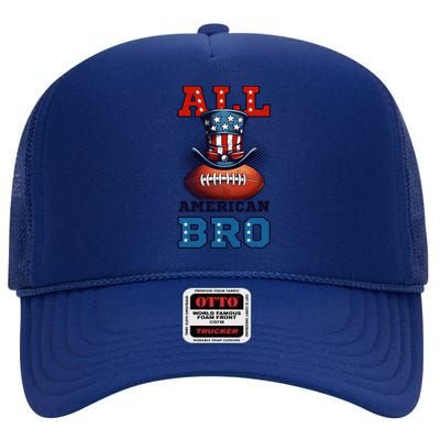 All American Bro Design 4th Of July Football Great Gift High Crown Mesh Back Trucker Hat