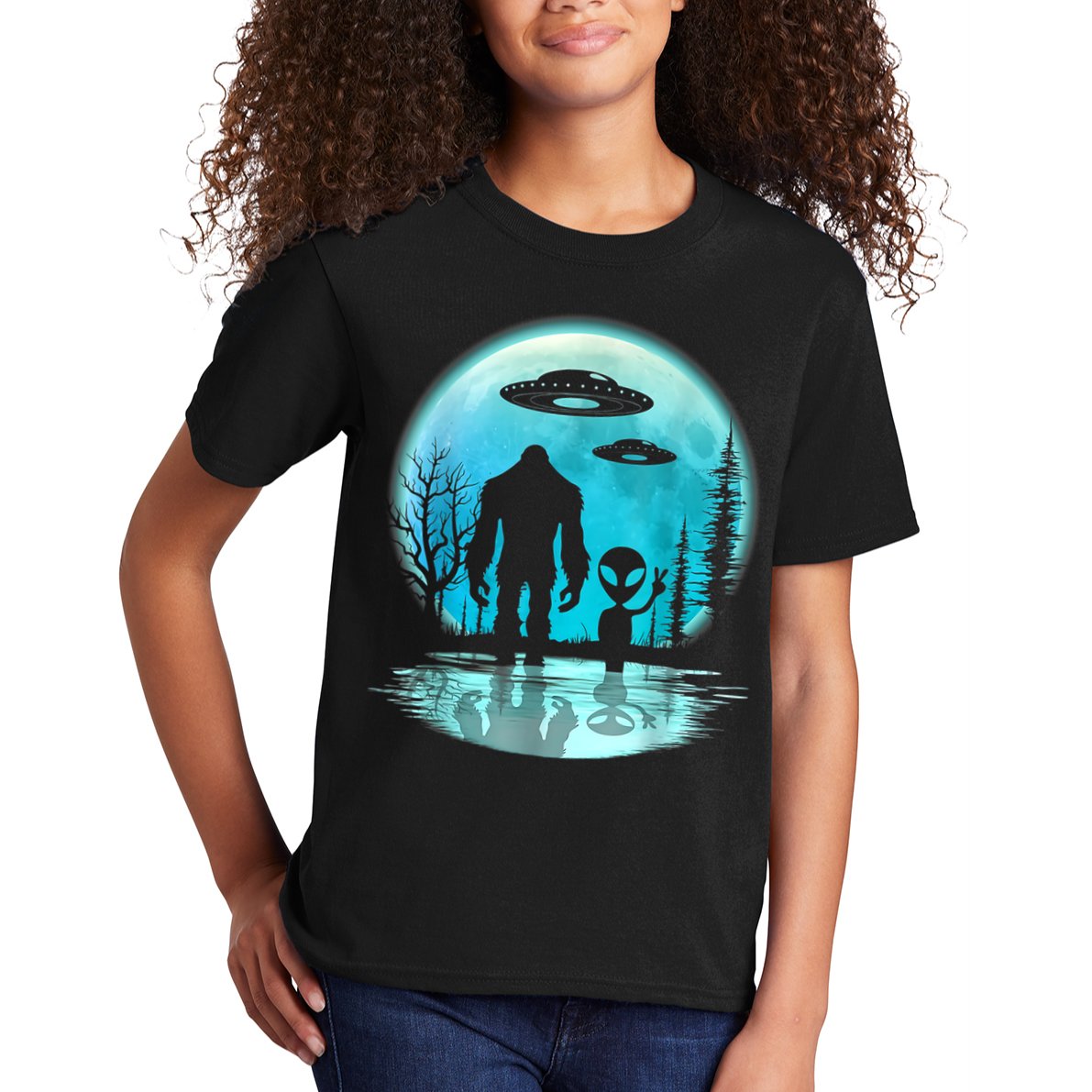 Alien And Bigfoot Moon Kids T-Shirt