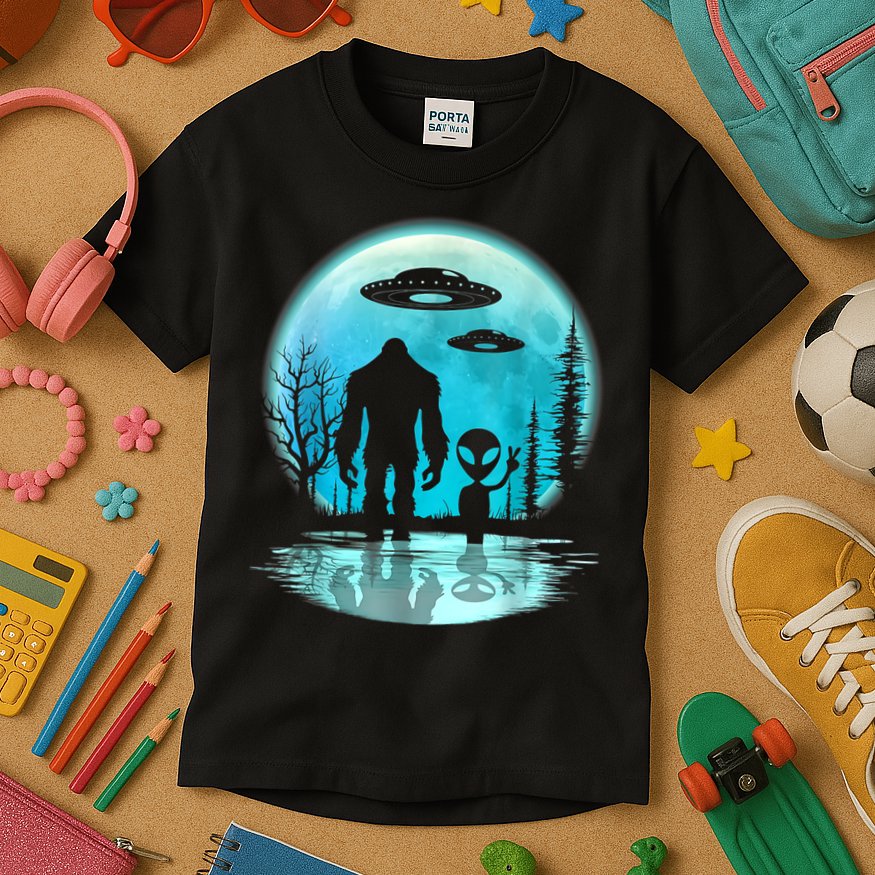 Alien And Bigfoot Moon Kids T-Shirt