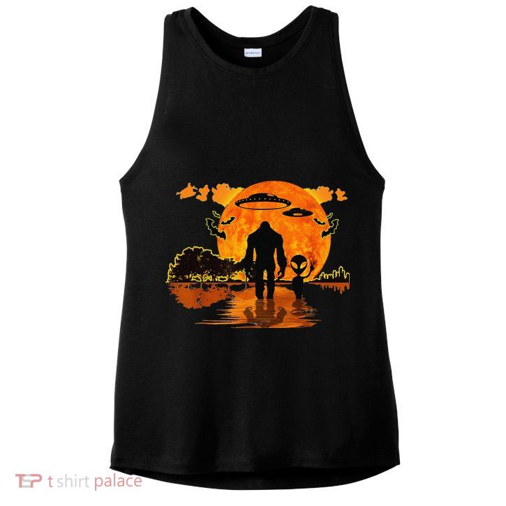 Alien And Bigfoot Sasquatch Moon Halloween Ladies PosiCharge Tri-Blend Wicking Tank