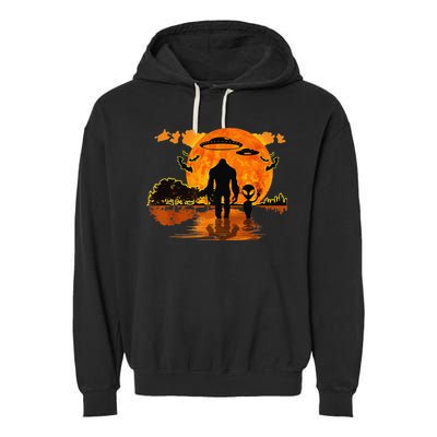 Alien And Bigfoot Sasquatch Moon Halloween Garment-Dyed Fleece Hoodie