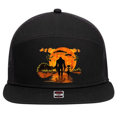 Alien And Bigfoot Sasquatch Moon Halloween 7 Panel Mesh Trucker Snapback Hat