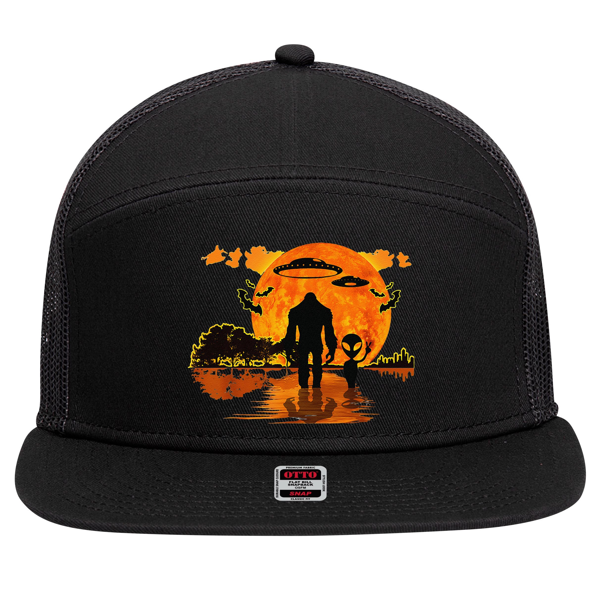 Alien And Bigfoot Sasquatch Moon Halloween 7 Panel Mesh Trucker Snapback Hat