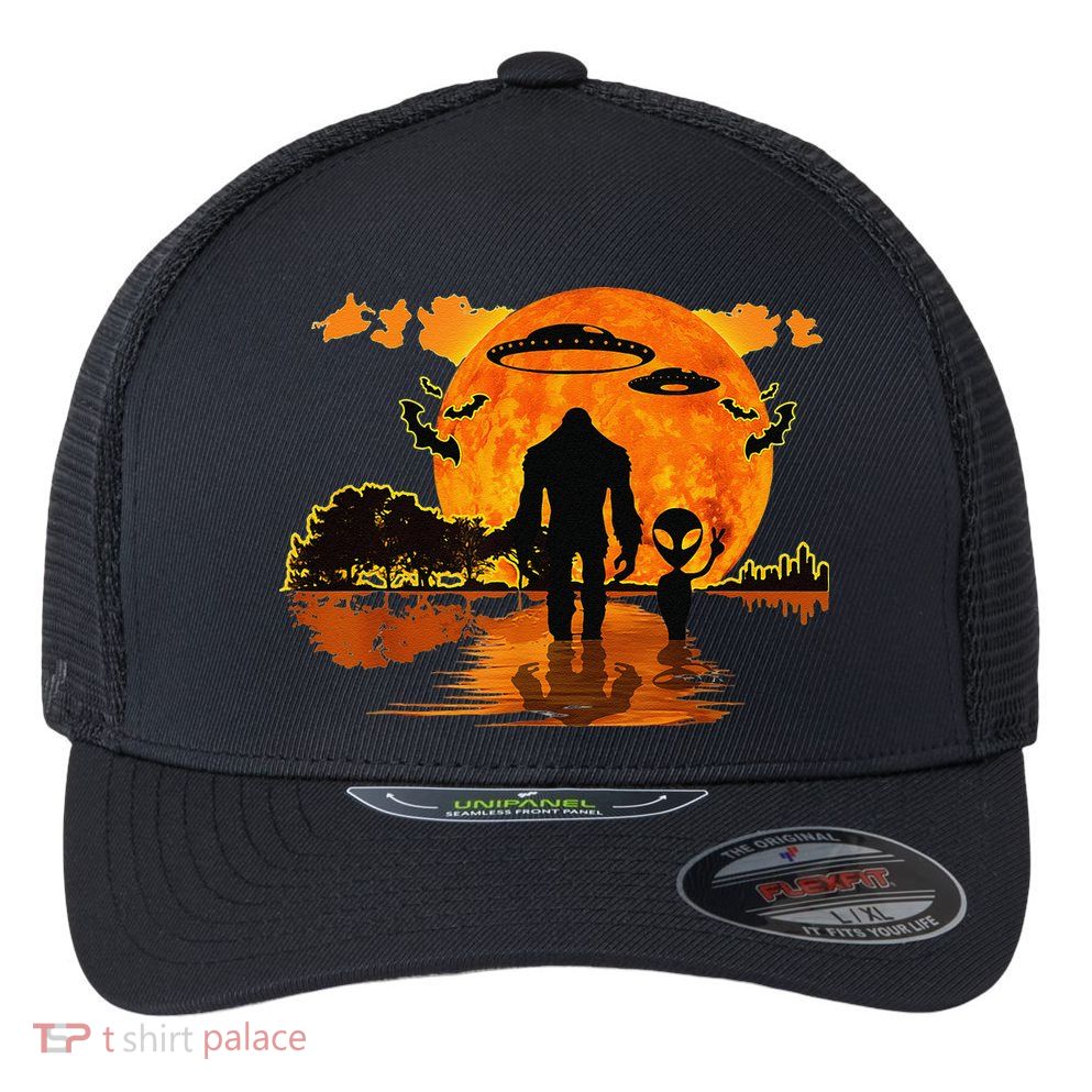 Alien And Bigfoot Sasquatch Moon Halloween Flexfit Unipanel Trucker Cap