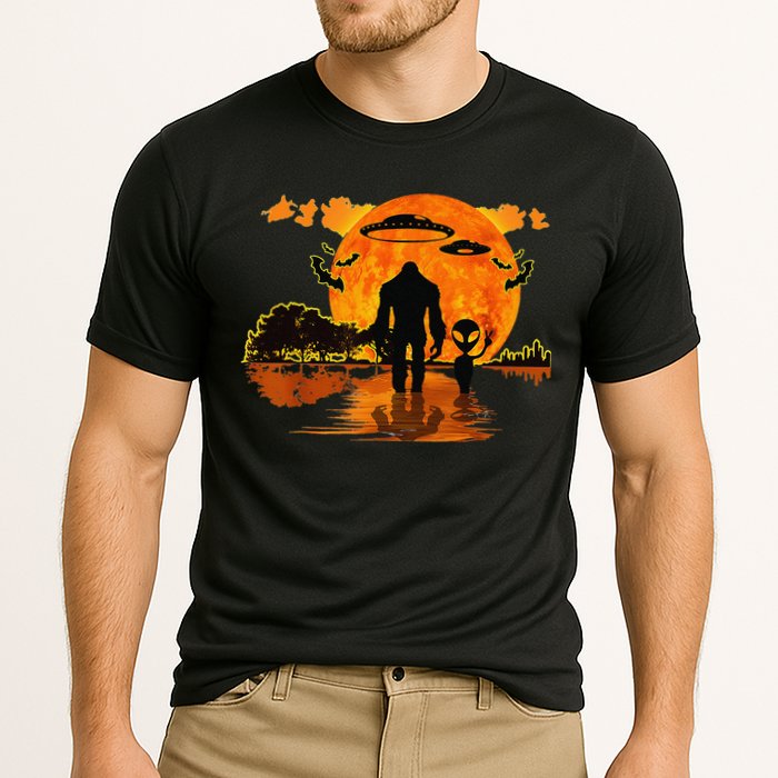 Alien And Bigfoot Sasquatch Moon Halloween Performance Shirt