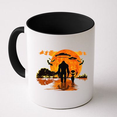 Alien And Bigfoot Sasquatch Moon Halloween Mug