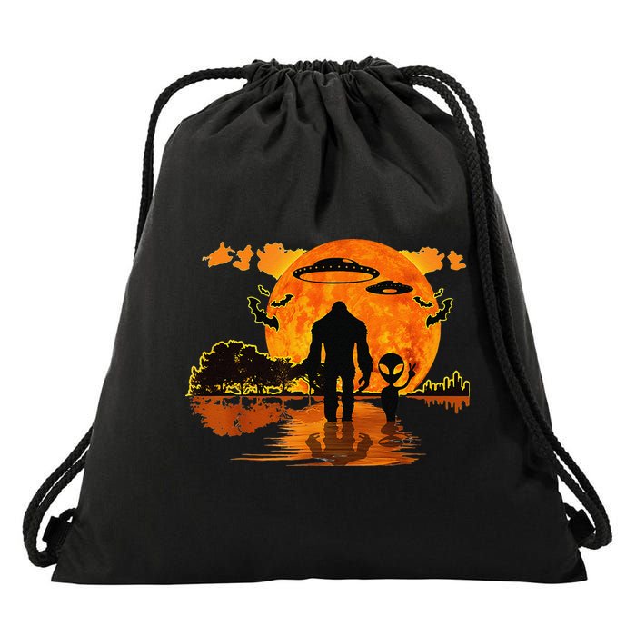 Alien And Bigfoot Sasquatch Moon Halloween Drawstring Bag