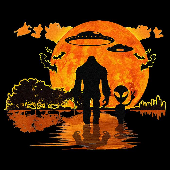 Alien And Bigfoot Sasquatch Moon Halloween Drawstring Bag