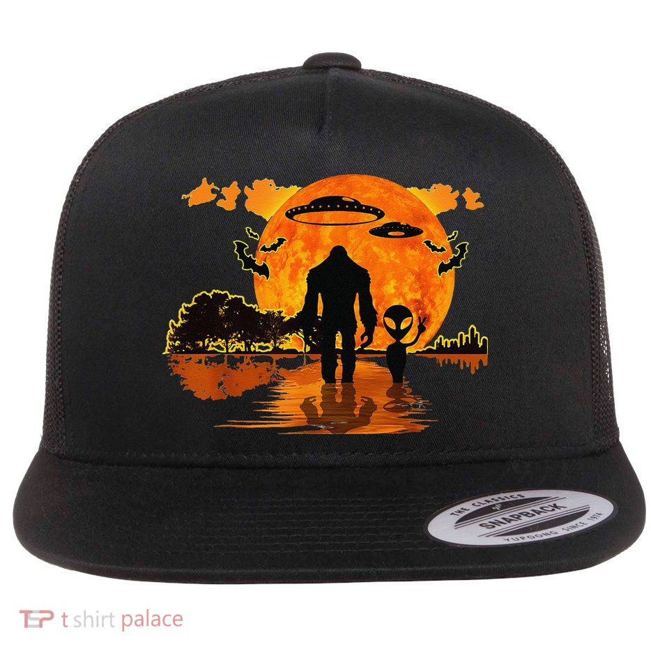 Alien And Bigfoot Sasquatch Moon Halloween Flatbill Hat