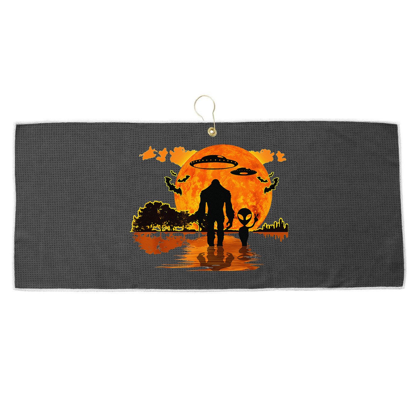 Alien And Bigfoot Sasquatch Moon Halloween Large Microfiber Waffle Golf Towel
