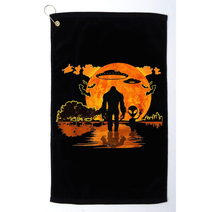 Alien And Bigfoot Sasquatch Moon Halloween Golf Towel