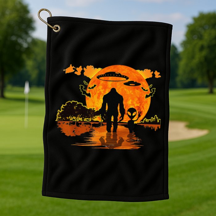 Alien And Bigfoot Sasquatch Moon Halloween Golf Towel