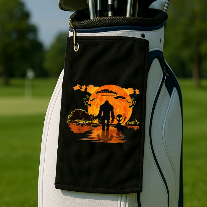 Alien And Bigfoot Sasquatch Moon Halloween Golf Towel