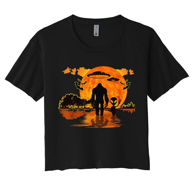 Alien And Bigfoot Sasquatch Moon Halloween Crop Top