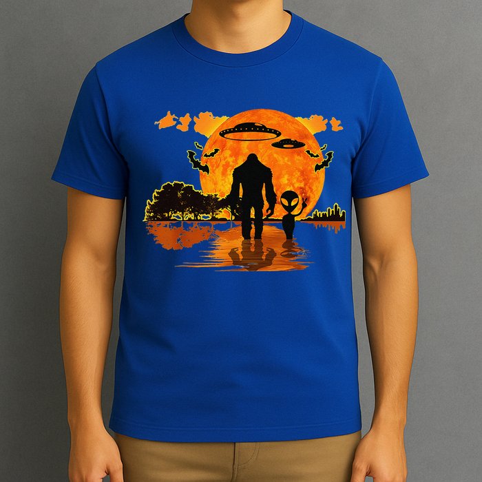 Alien And Bigfoot Sasquatch Moon Halloween T-Shirt