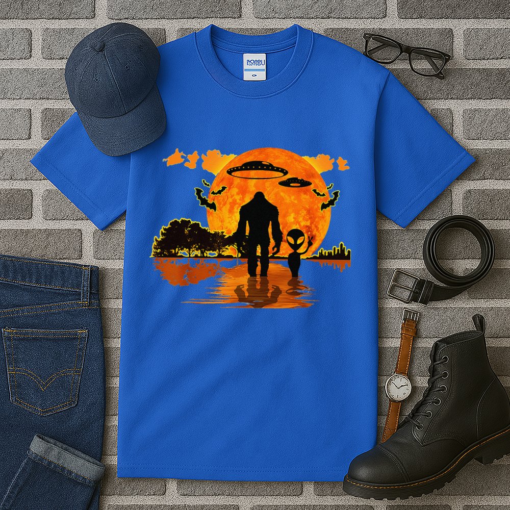 Alien And Bigfoot Sasquatch Moon Halloween Tall T-Shirt