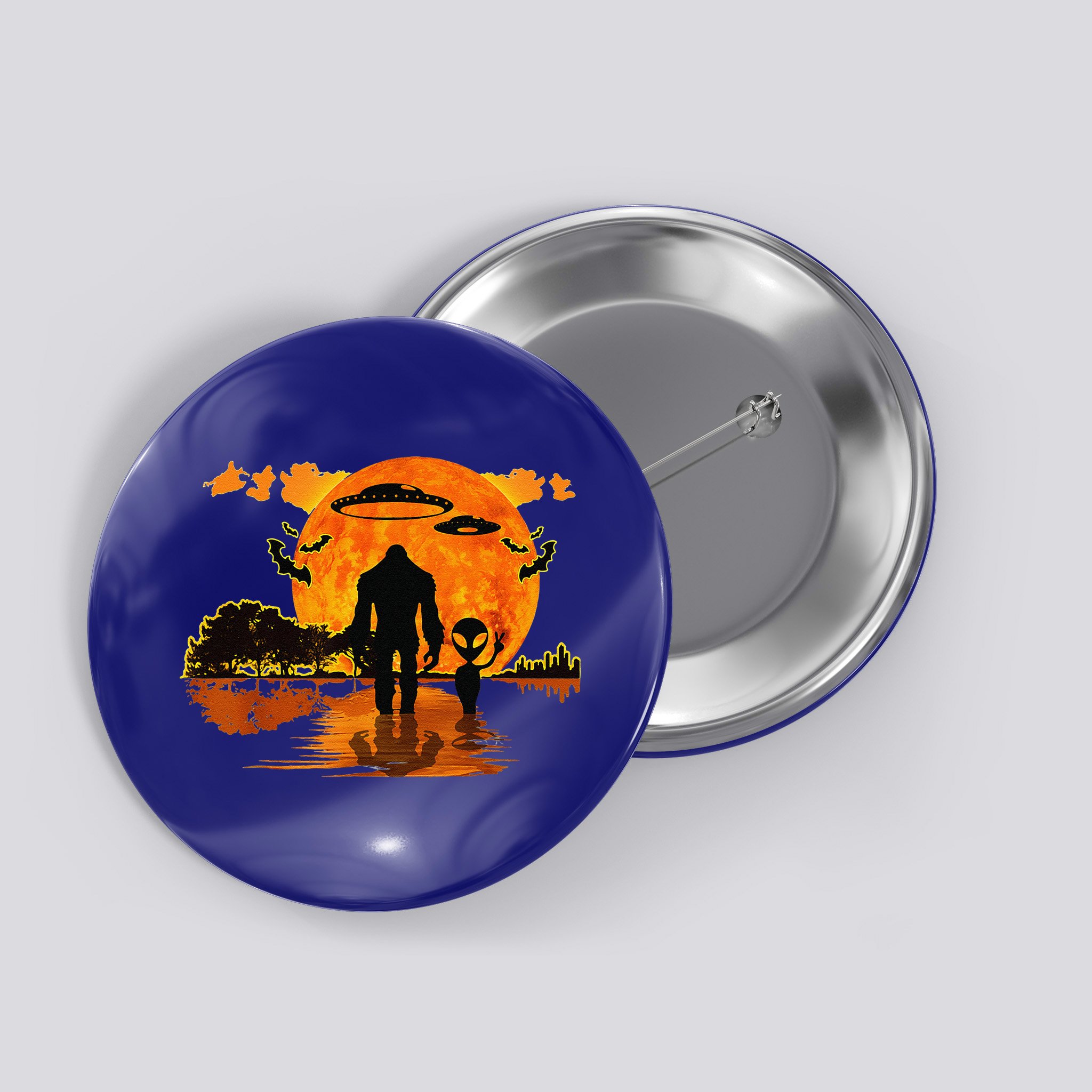 Alien And Bigfoot Sasquatch Moon Halloween Button