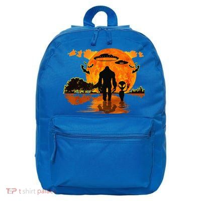 Alien And Bigfoot Sasquatch Moon Halloween 16 in Basic Backpack