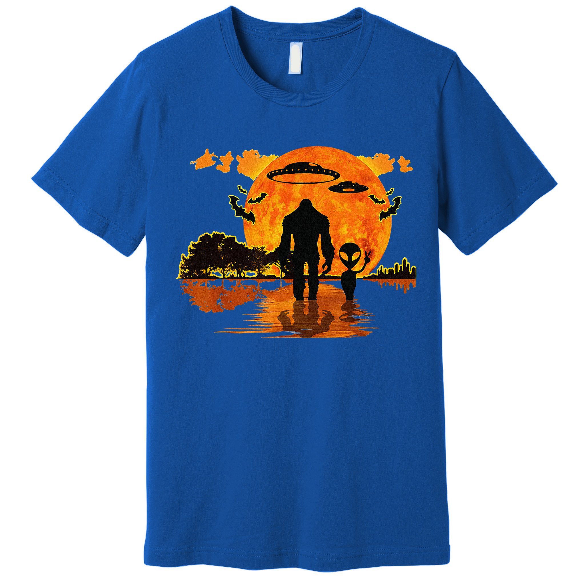 Alien And Bigfoot Sasquatch Moon Halloween Premium T-Shirt