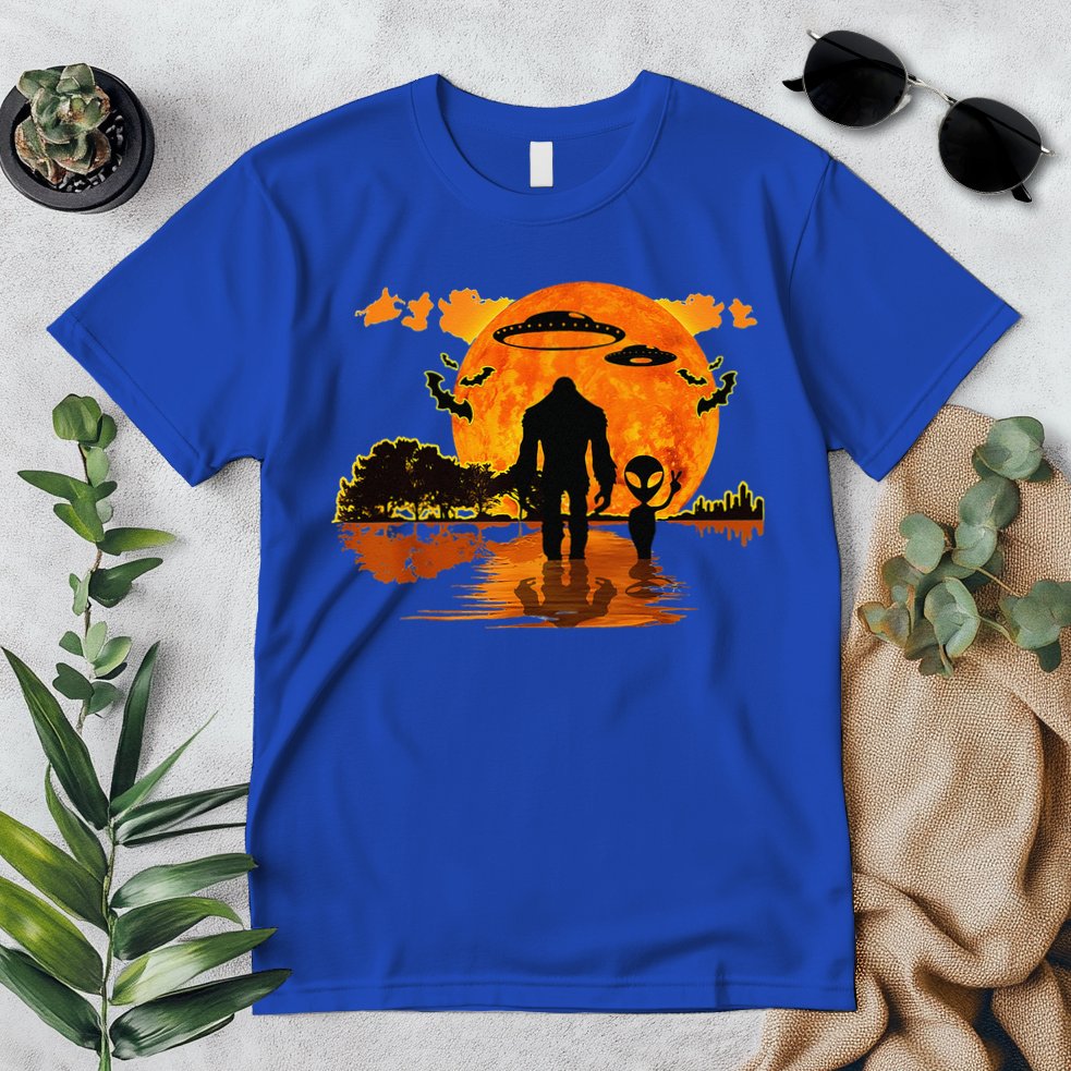 Alien And Bigfoot Sasquatch Moon Halloween Premium T-Shirt