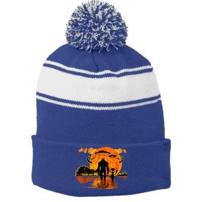 Alien And Bigfoot Sasquatch Moon Halloween Stripe Pom Pom Beanie