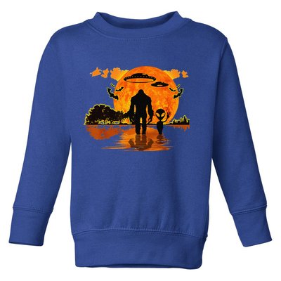Alien And Bigfoot Sasquatch Moon Halloween Toddler Sweatshirt