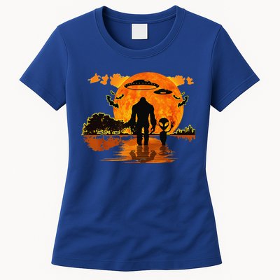 Alien And Bigfoot Sasquatch Moon Halloween Womens T-Shirt