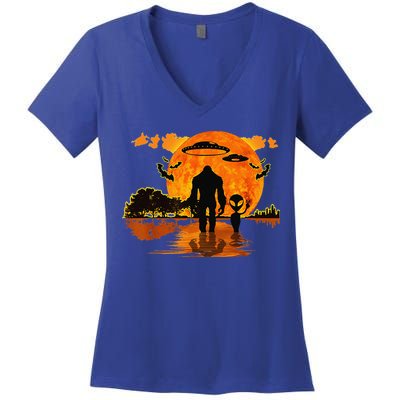Alien And Bigfoot Sasquatch Moon Halloween Women's V-Neck T-Shirt