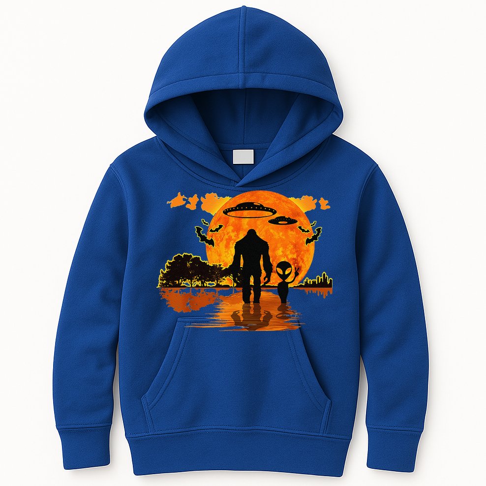 Alien And Bigfoot Sasquatch Moon Halloween Kids Hoodie