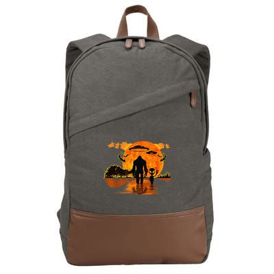Alien And Bigfoot Sasquatch Moon Halloween Cotton Canvas Backpack