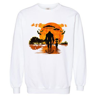 Alien And Bigfoot Sasquatch Moon Halloween Garment-Dyed Sweatshirt