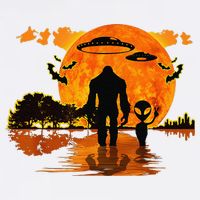 Alien And Bigfoot Sasquatch Moon Halloween Garment-Dyed Sweatshirt