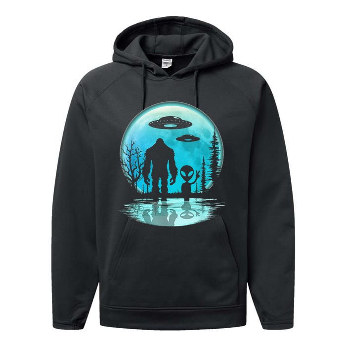 Alien And Bigfoot Moon Performance Fleece Hoodie