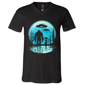 Alien And Bigfoot Moon V-Neck T-Shirt