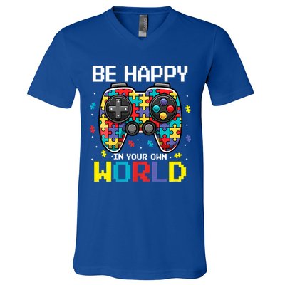 Autism Awareness Be Happy In Your Own World Gamer V-Neck T-Shirt