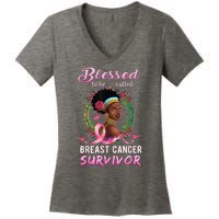 African American Breast Cancer Design Women Blessed Survivor Women's V-Neck T-Shirt