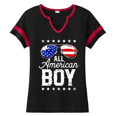 All American Boy 4th Of July Usa Sunglasses Family Matching Ladies Halftime Notch Neck Tee