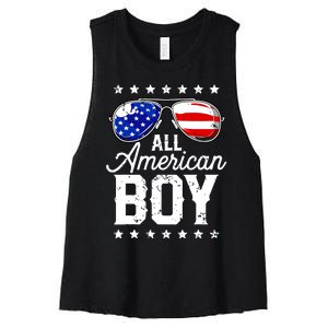 All American Boy 4th Of July Usa Sunglasses Family Matching Women's Racerback Cropped Tank