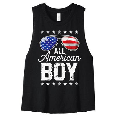 All American Boy 4th Of July Usa Sunglasses Family Matching Women's Racerback Cropped Tank