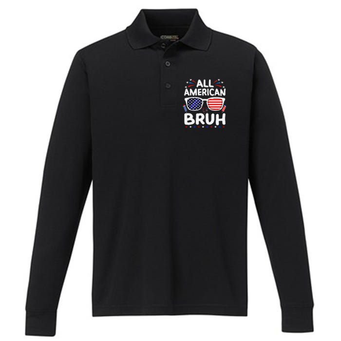 All American Bruh 4th Of July Patriotic Family Fun Performance Long Sleeve Polo