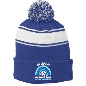 Autism Awareness Blue April Love Autistic Support Gift Stripe Pom Pom Beanie