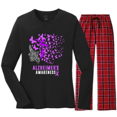 AlzheimerS Awareness Butterflies Purple Ribbon Women's Long Sleeve Flannel Pajama Set 