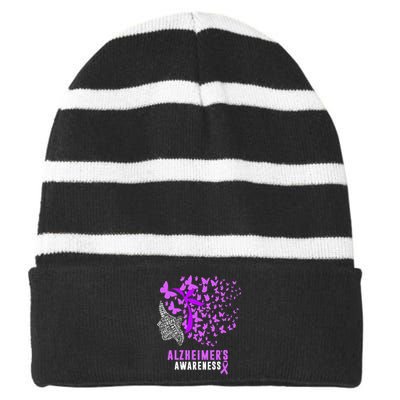 AlzheimerS Awareness Butterflies Purple Ribbon Striped Beanie with Solid Band