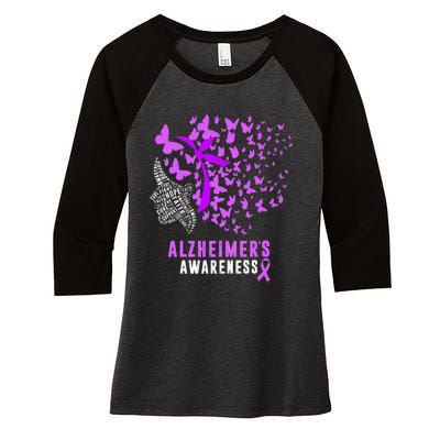 AlzheimerS Awareness Butterflies Purple Ribbon Women's Tri-Blend 3/4-Sleeve Raglan Shirt