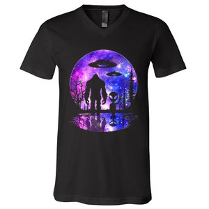 Alien And Bigfoot Full Moon Sasquatch UFO V-Neck T-Shirt