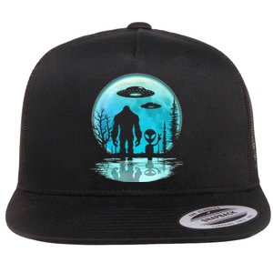 Alien And Bigfoot Moon Flat Bill Trucker Hat